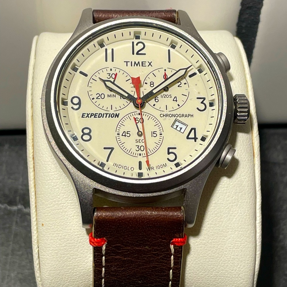 Sold - Mens Timex Expedition Chronograph with Brown Leather Band - New Battery